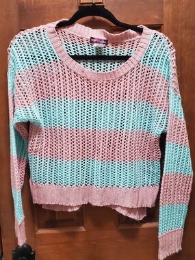 Body Central Pink and Mint Open-Knit Striped Crew Sweater